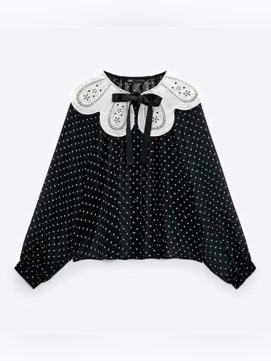 Zara Tops - ZARA | Polka Dot Blouse with White Lace Collar & Self Tie Ribbon